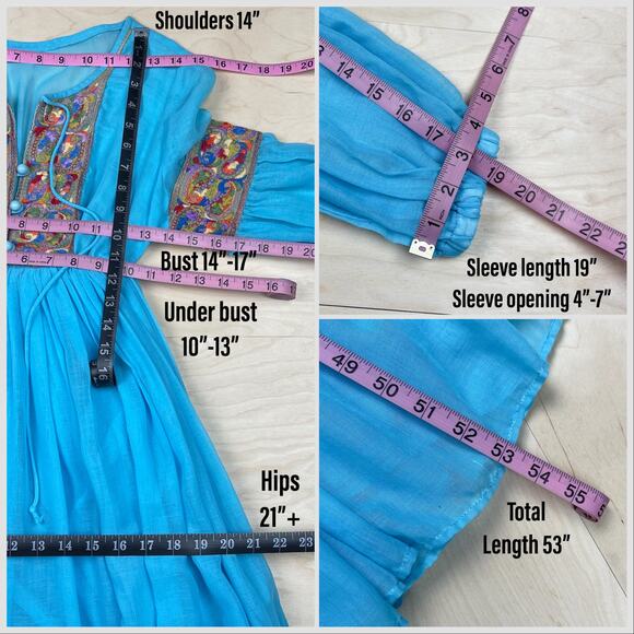 Vintage 1970s Blue Embroidered  Boho Gauzy Cotton Peasant Dress - Picture 9 of 10